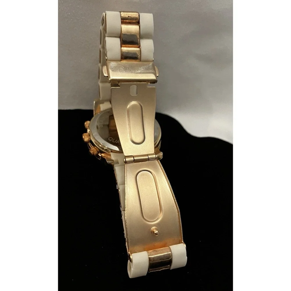 Charming Charlie Womens Rhinestone Rose Gold White Acrylic Band Watch Works